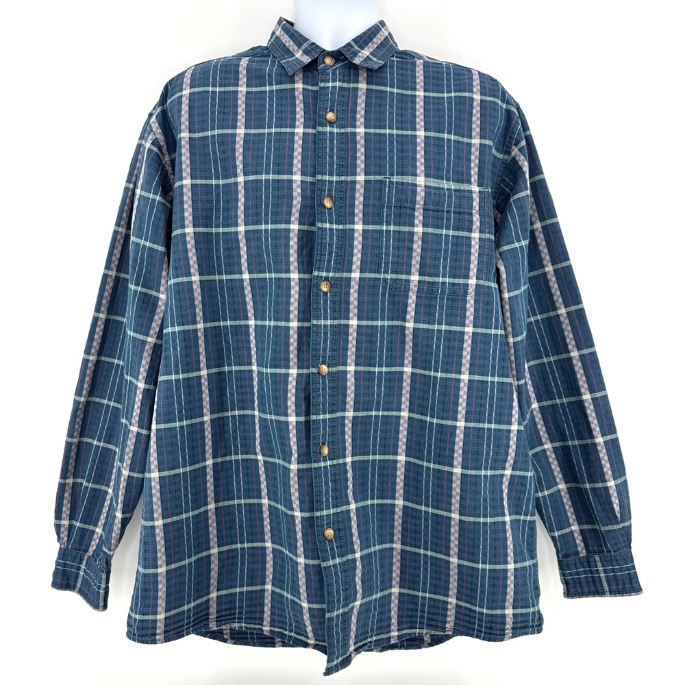 REI Shirt Men L Tall Heavy Cotton Plaid Long Sleeve Blue Outdoor Vintage 90s